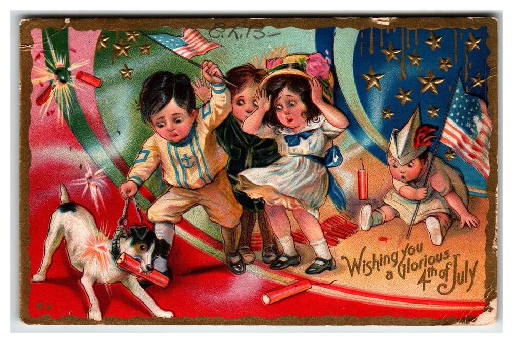 Vintage Embossed 4th of July Postcard, Children, Dog, Fireworks, 1909